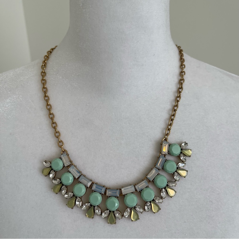 J. Crew Statement Necklace Mint Green & Crystal - Gold Colored Chain - New